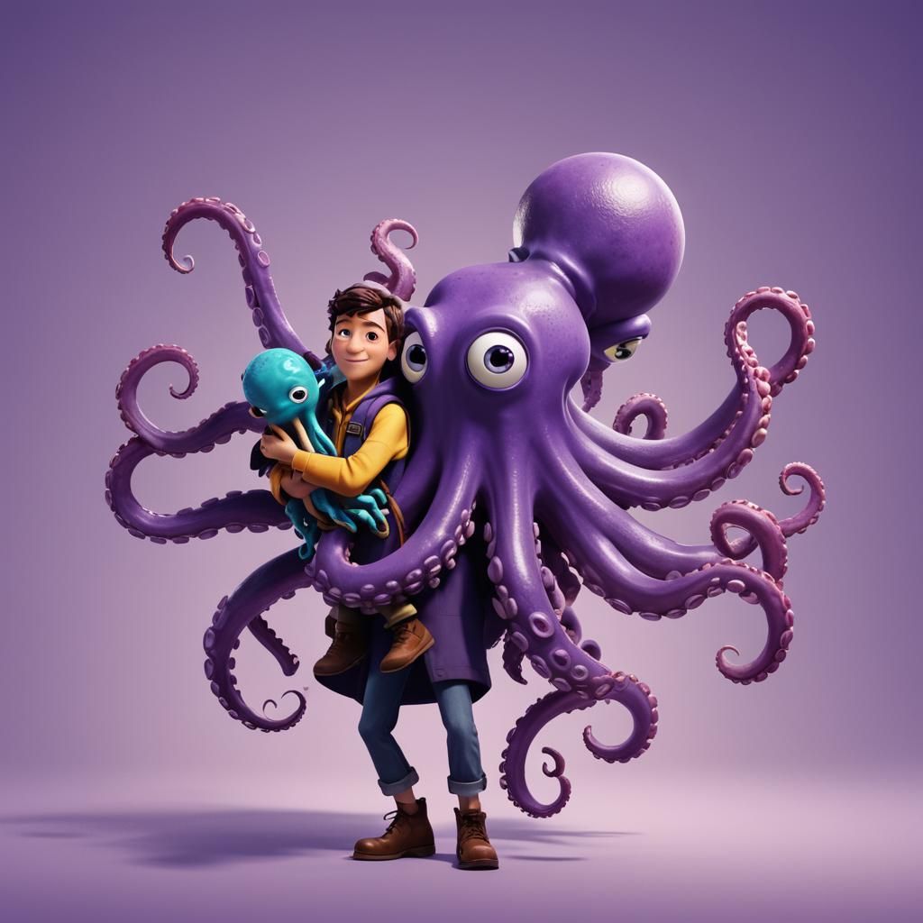 Bizarre Purple Humanoid with Octopus Pet: 3D Digital Art