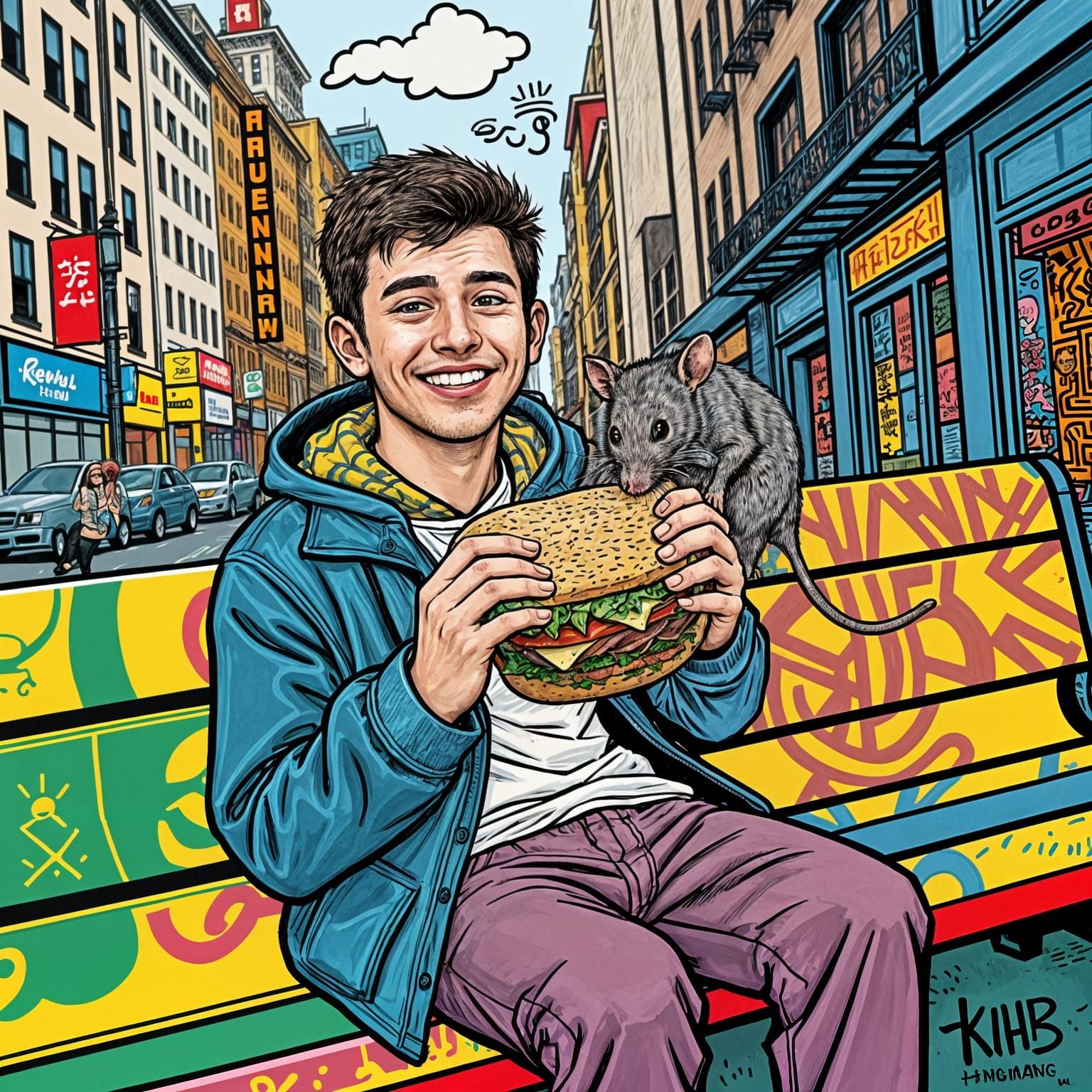 Man and Rat Share Sandwich in Haring Style