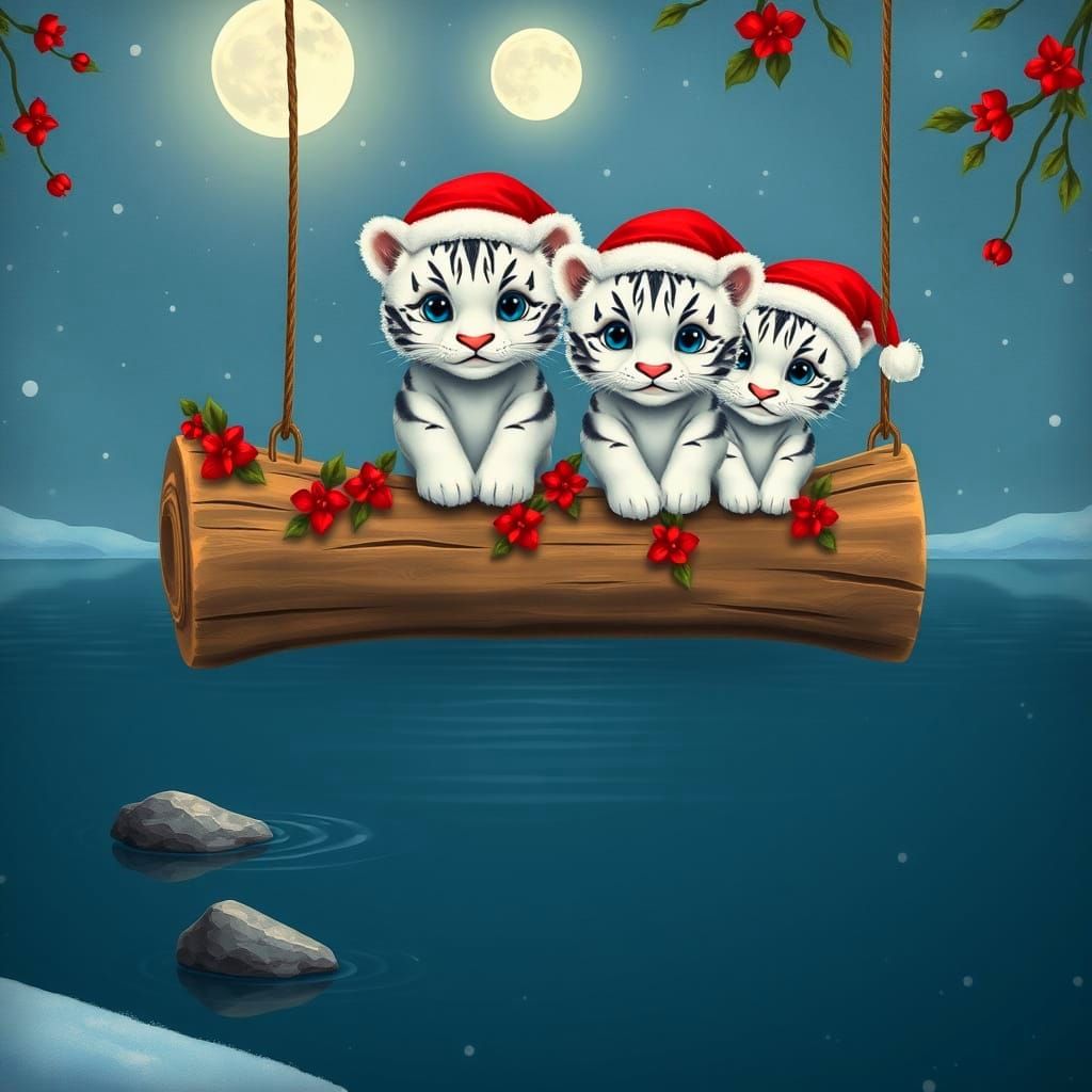 Whimsical Winter Wonderland with White Tiger Cubs in Santa H...