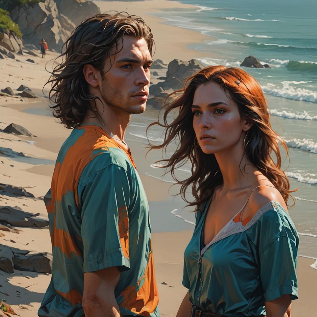 Man Watches Woman Walk to Sea, Digital Art