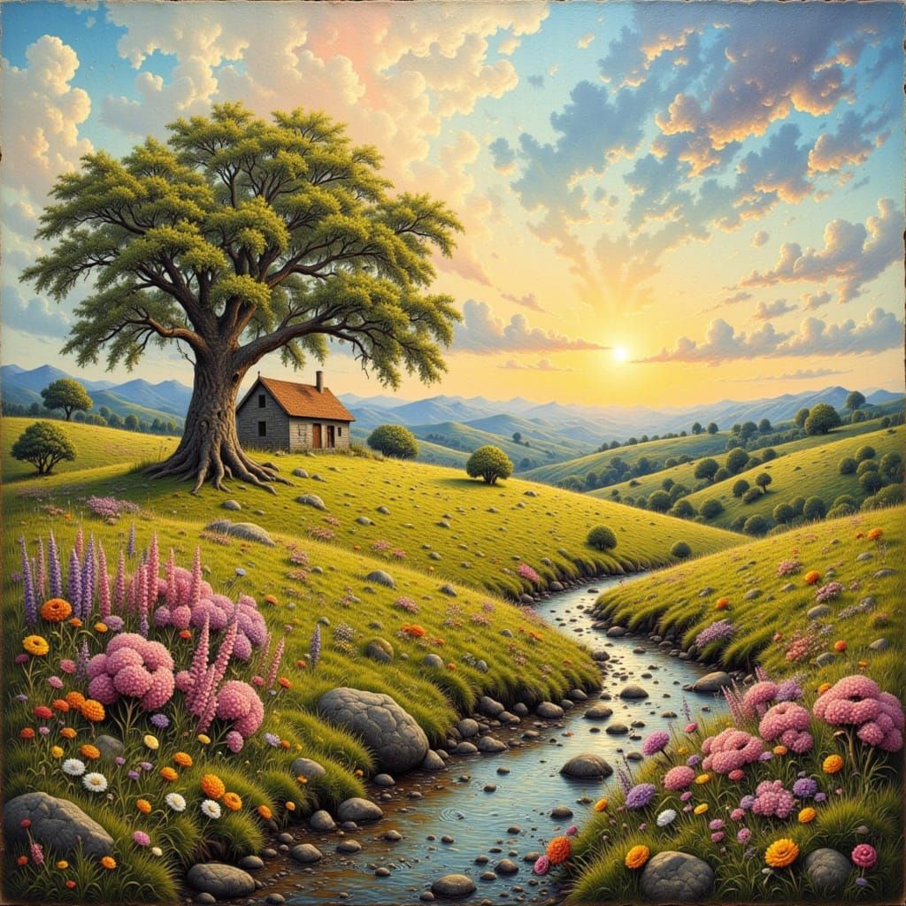 Abstract Cottage and Oak Tree at Sunset