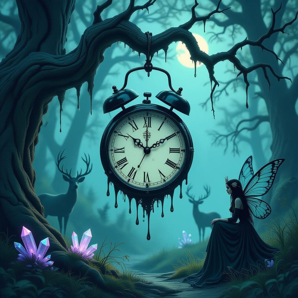 Melting Clock in Enchanted Forest, Dark Mystical Art