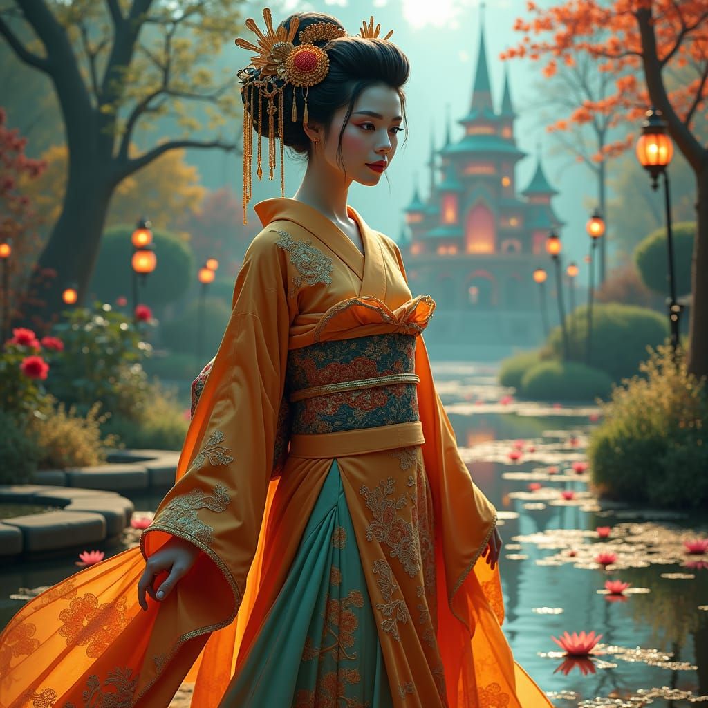 Geisha in Elaborate Kimono in Dreamlike Garden