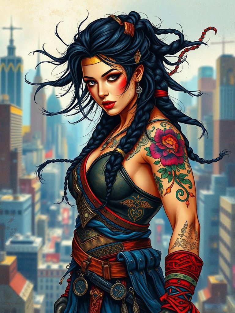 Tattooed Latina Warrioress in Dystopian Cityscape