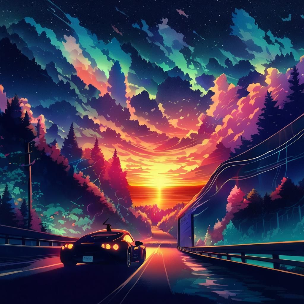 Anime Style Mountain Road Sunset