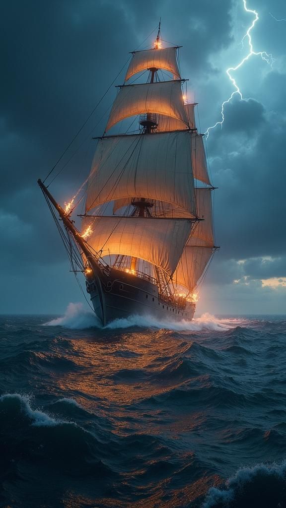 Clipper Ship Amidst Storm with Saint Elmo's Fire
