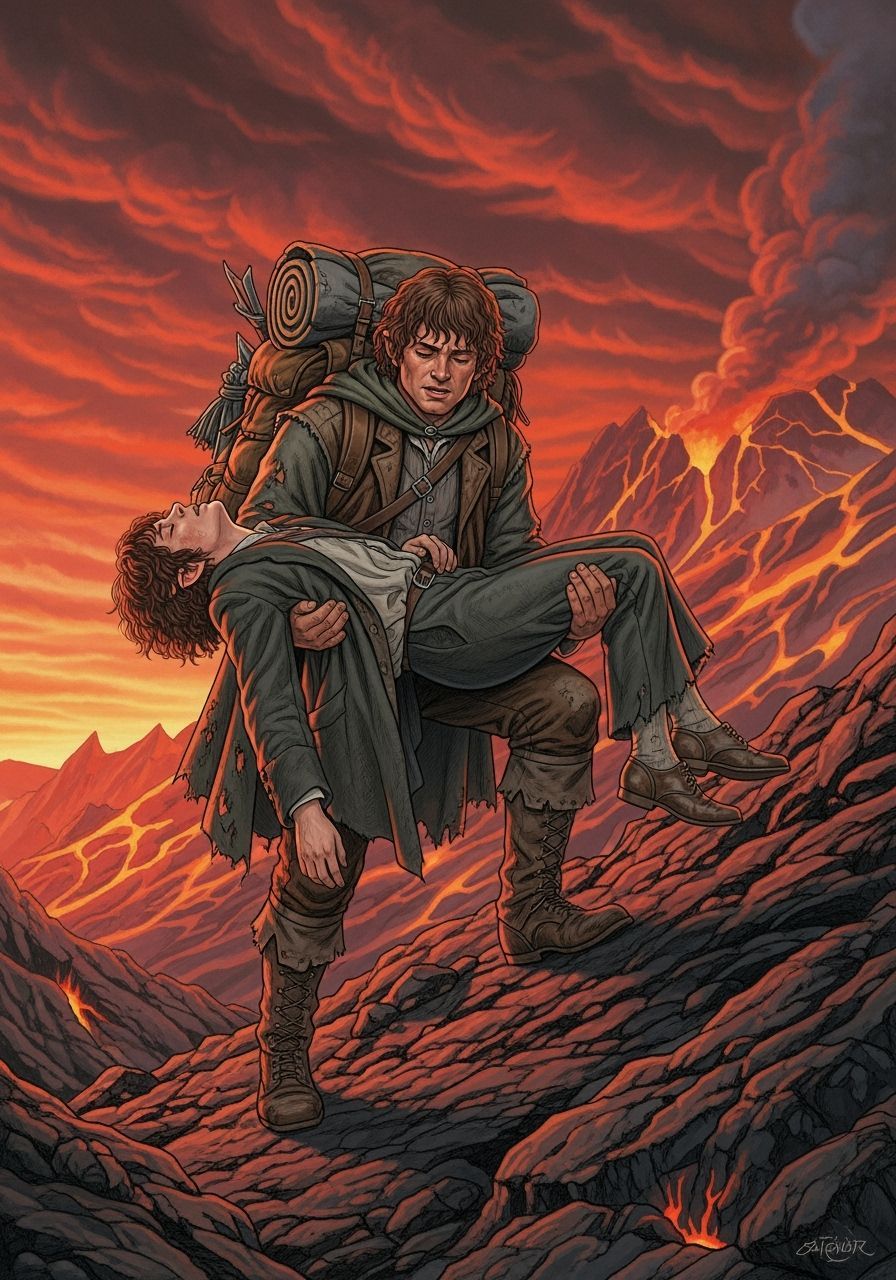 Samwise Carries Frodo Up Mount Doom in Dramatic Scene