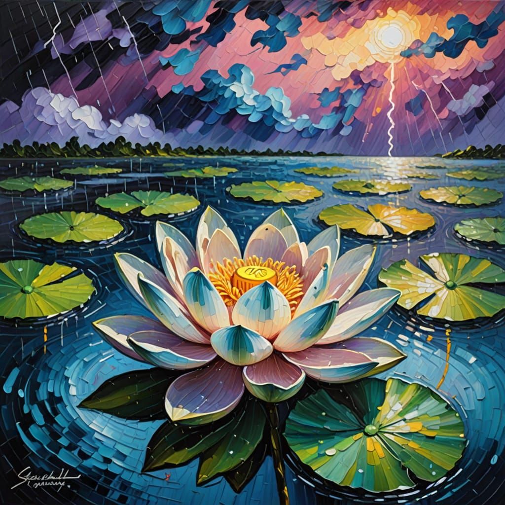 Floating lotus flower in a thunderstorm. Background rippling...