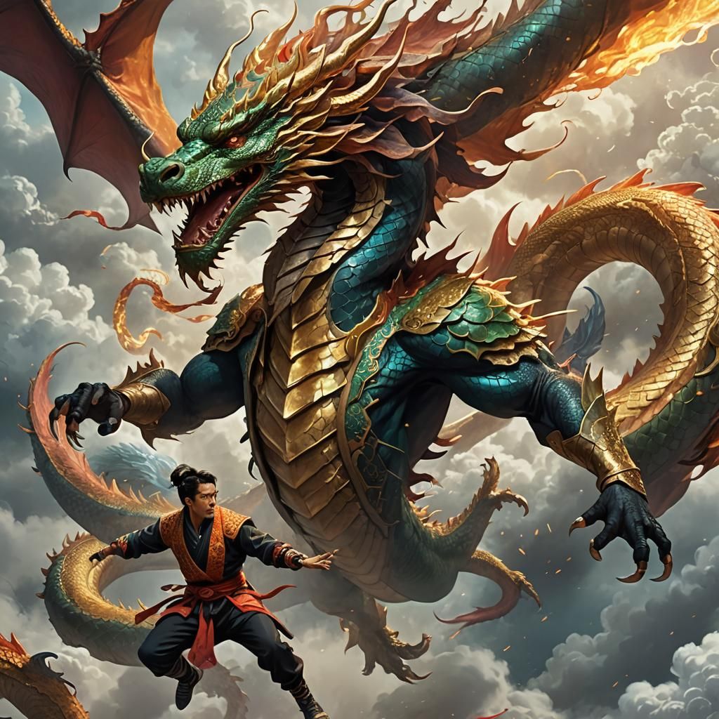 Martial Artist Kicks Dragon: Fantasy Concept Art