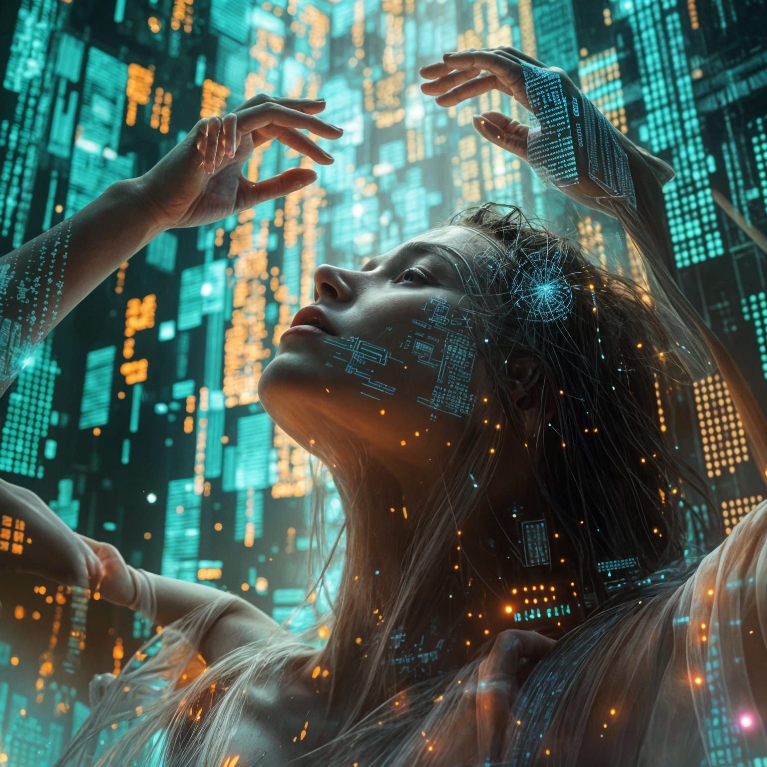 Woman Ascends to Higher Consciousness in Cyberpunk Style
