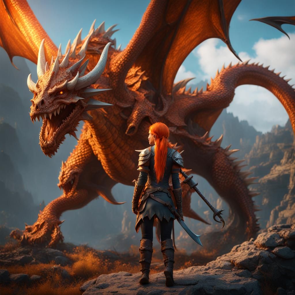 Viking Girl on Dragon Skull: Fantasy Art