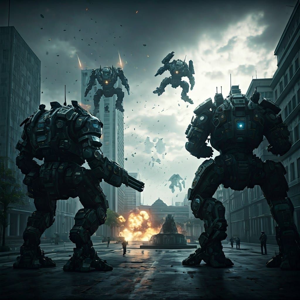 Titan Mechs Battle in Futuristic Cityscape