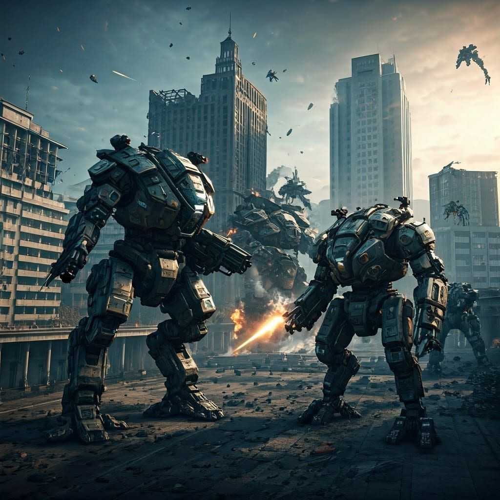 Titan Mechs Clash in City Ruins: Sci-Fi Battle