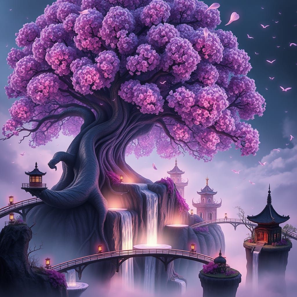 Surreal Deep Purple Blossom Tree Rises from Mystical Island