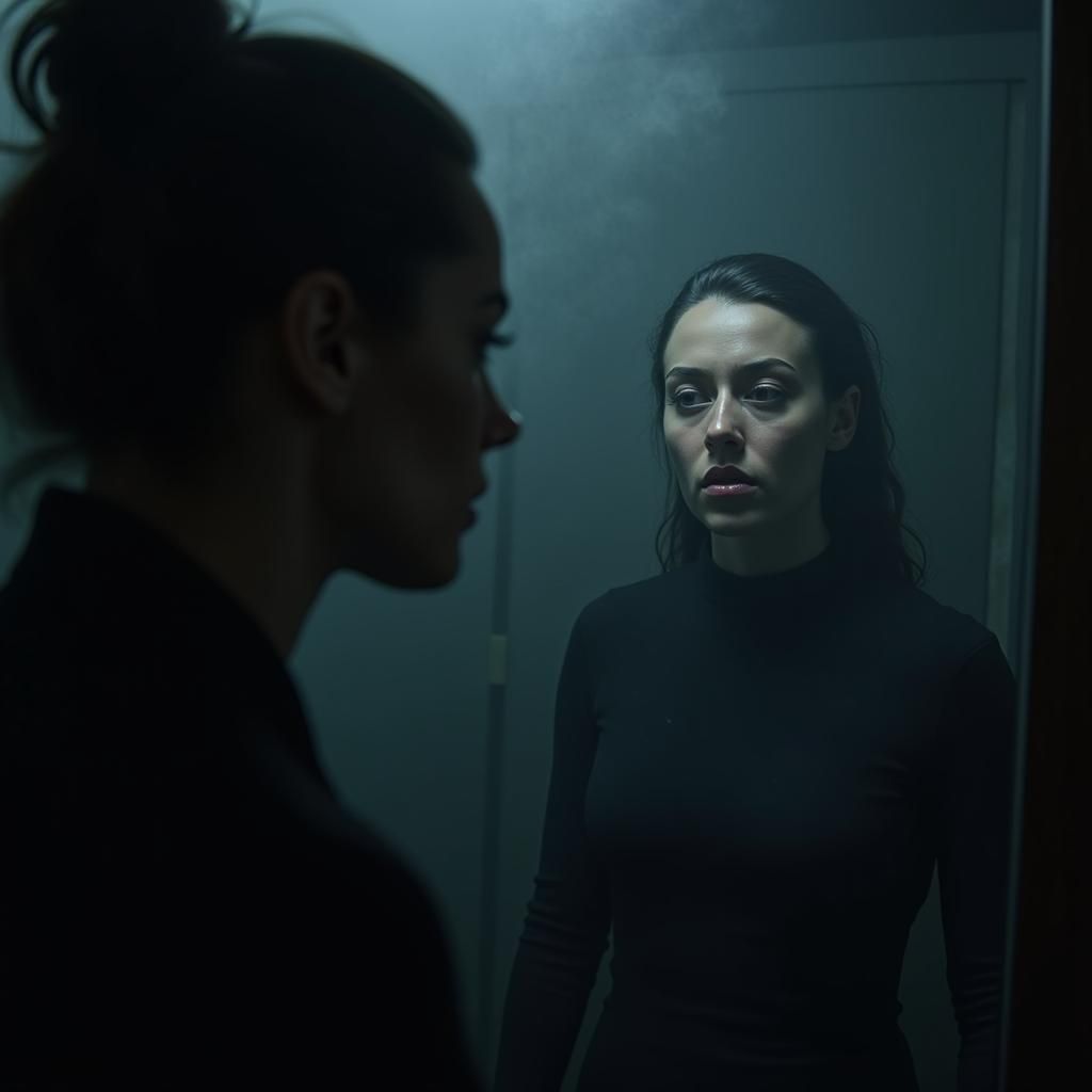 Intense Woman Confronts Reflection in Hyperrealistic Style