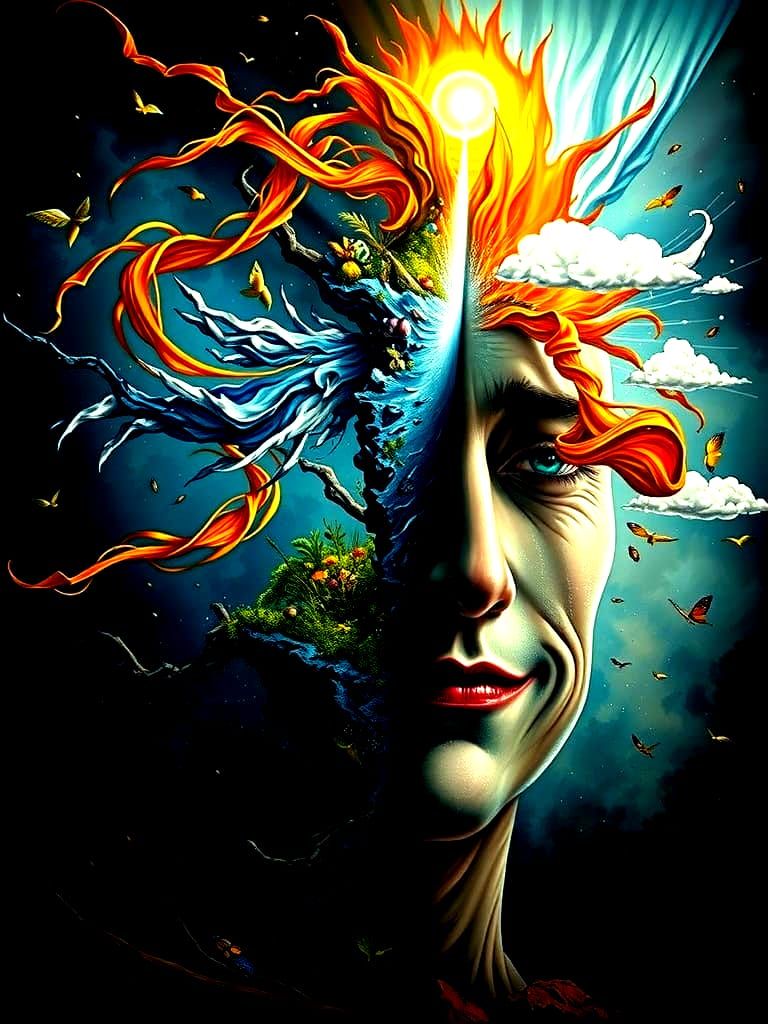 Dual Nature Portrait: Vibrant Joy Meets Dark Turmoil