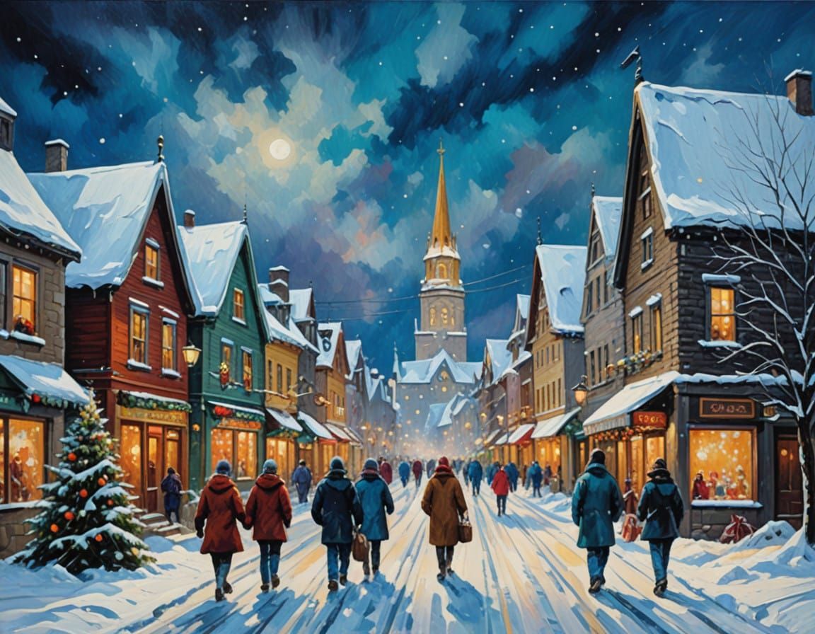 Surreal Christmas Eve Village Under Snowy Lights