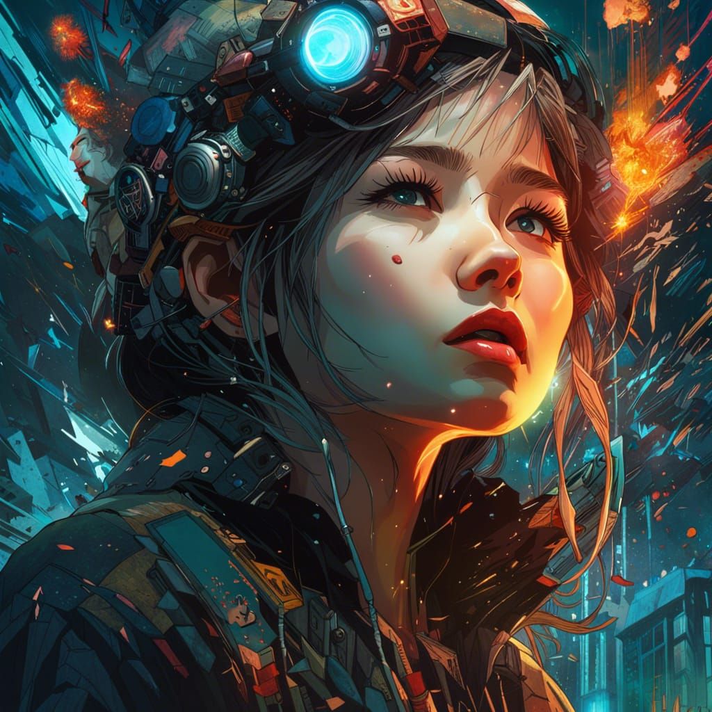 Girl in Sky Emitting Laser Vision, Detailed Digital Art