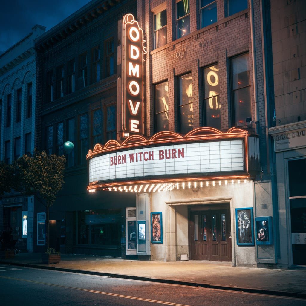 Old Movie Theater at Night: "BURN WITCH BURN"