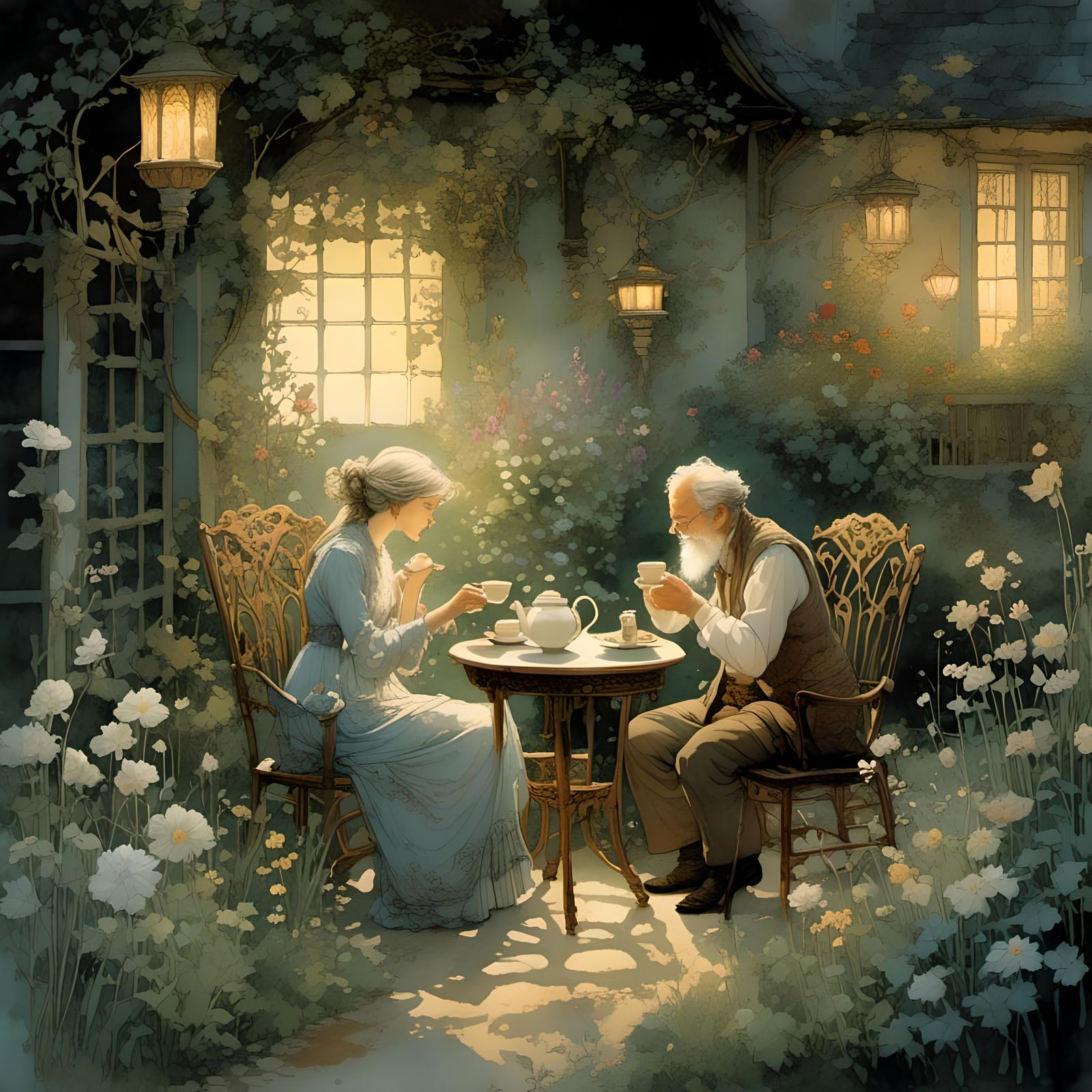 Candlelit Tea in a Lush, Intricate Garden