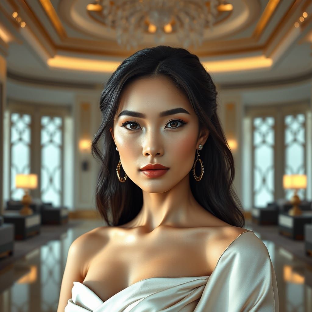 Stunning Woman in Silk Gown: Photorealistic Art Deco Fusion