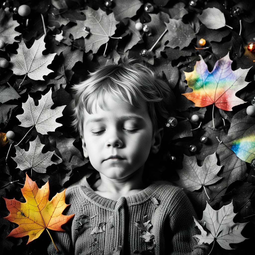 Dreamlike Child Portrait with Rainbow Fairies and Autumn Lea...