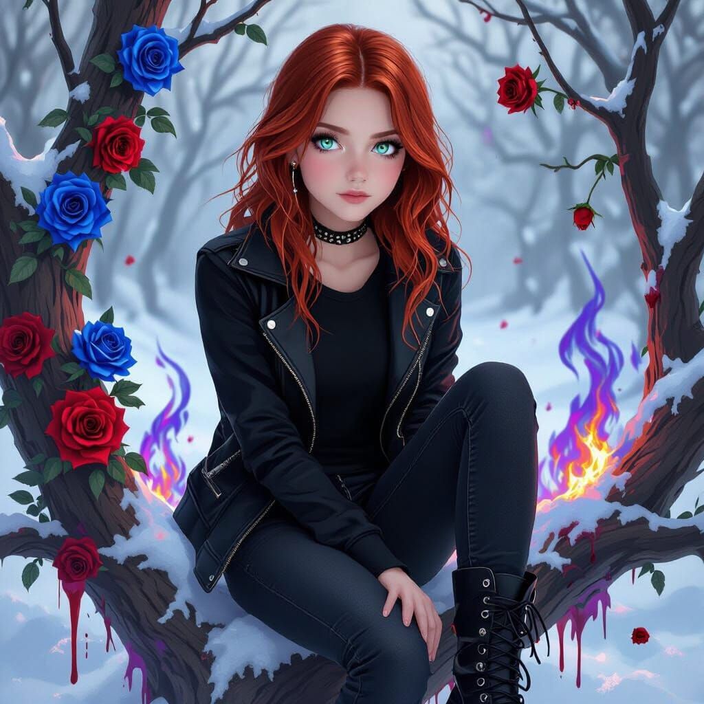 Teenage Girl in Fiery Winter Landscape