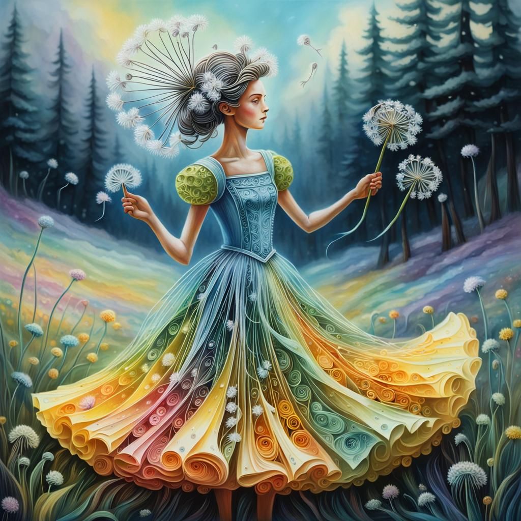 Dandelion Woman in Quilling Style, Floral Hair