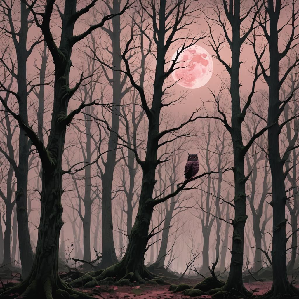 Midnight Forest with Pale Pink Moon in Detailed Painting