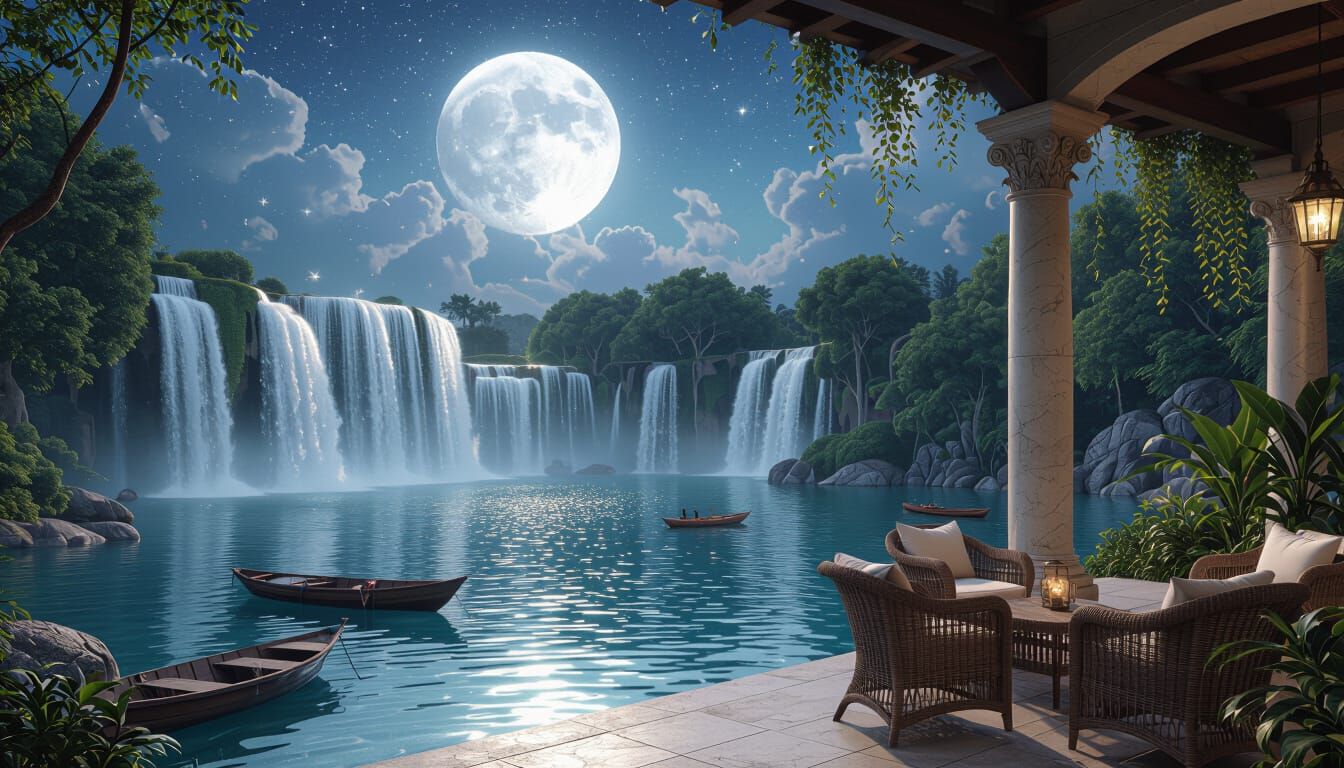 Enchanting Moonlit Waterfall Scene