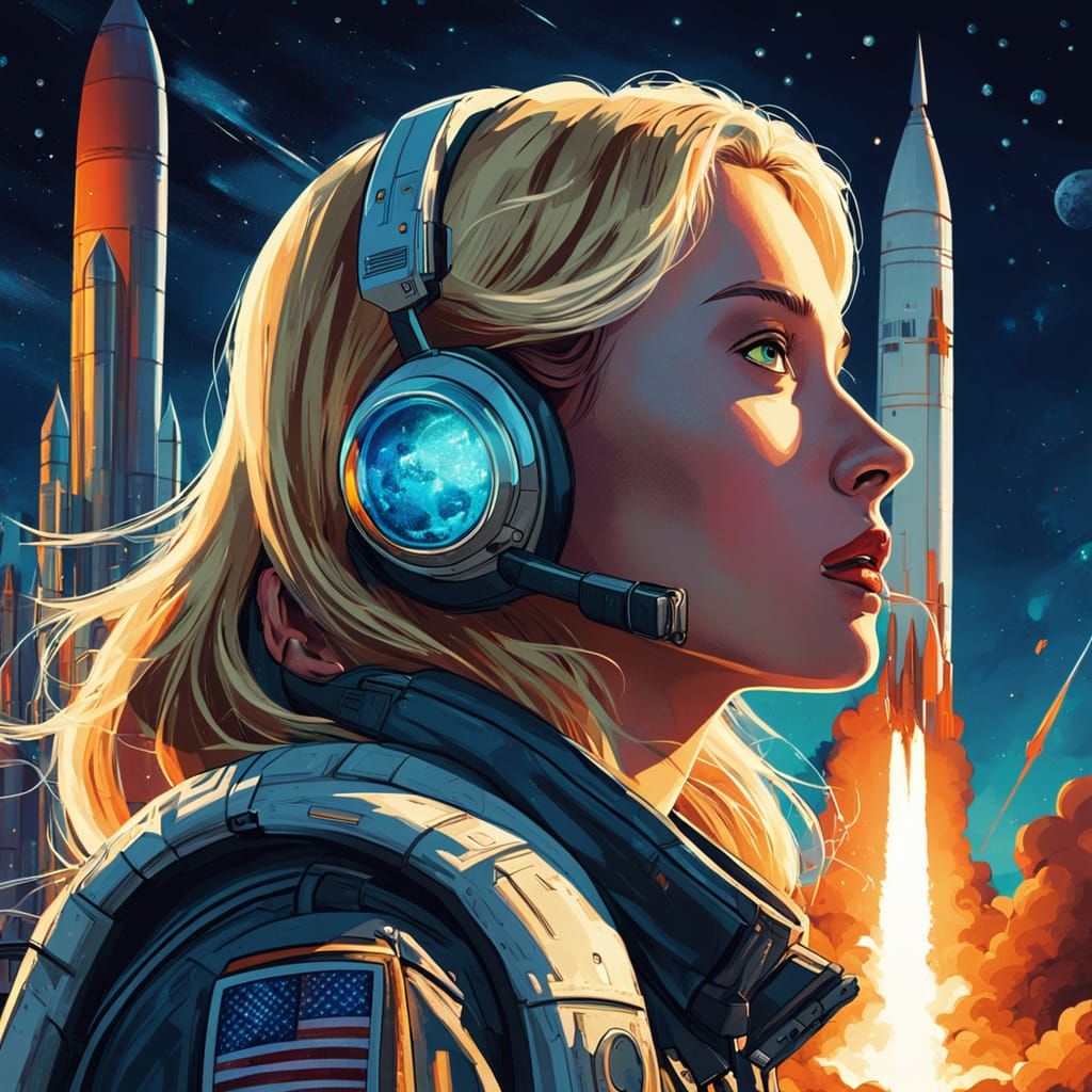 Girl Watches Rocket Launch from Lunar Base