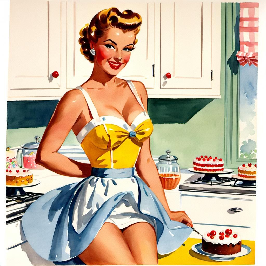 1950s Pin-Up Baker with Cakes in Watercolor