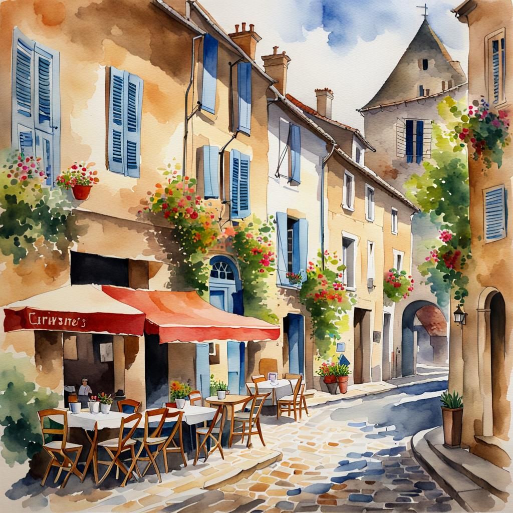 Charming French Village Watercolour Painting