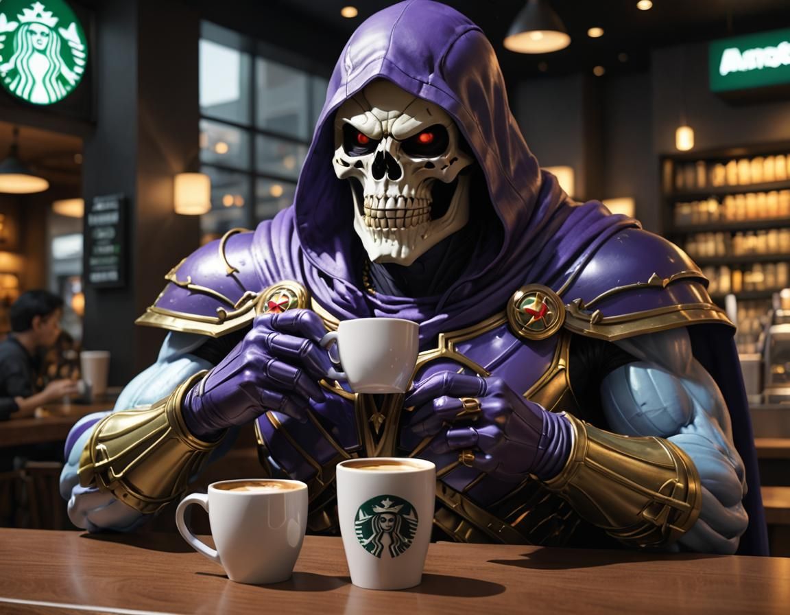 Skeletor drinking coffee in a starbucks, Masters of the Univ...