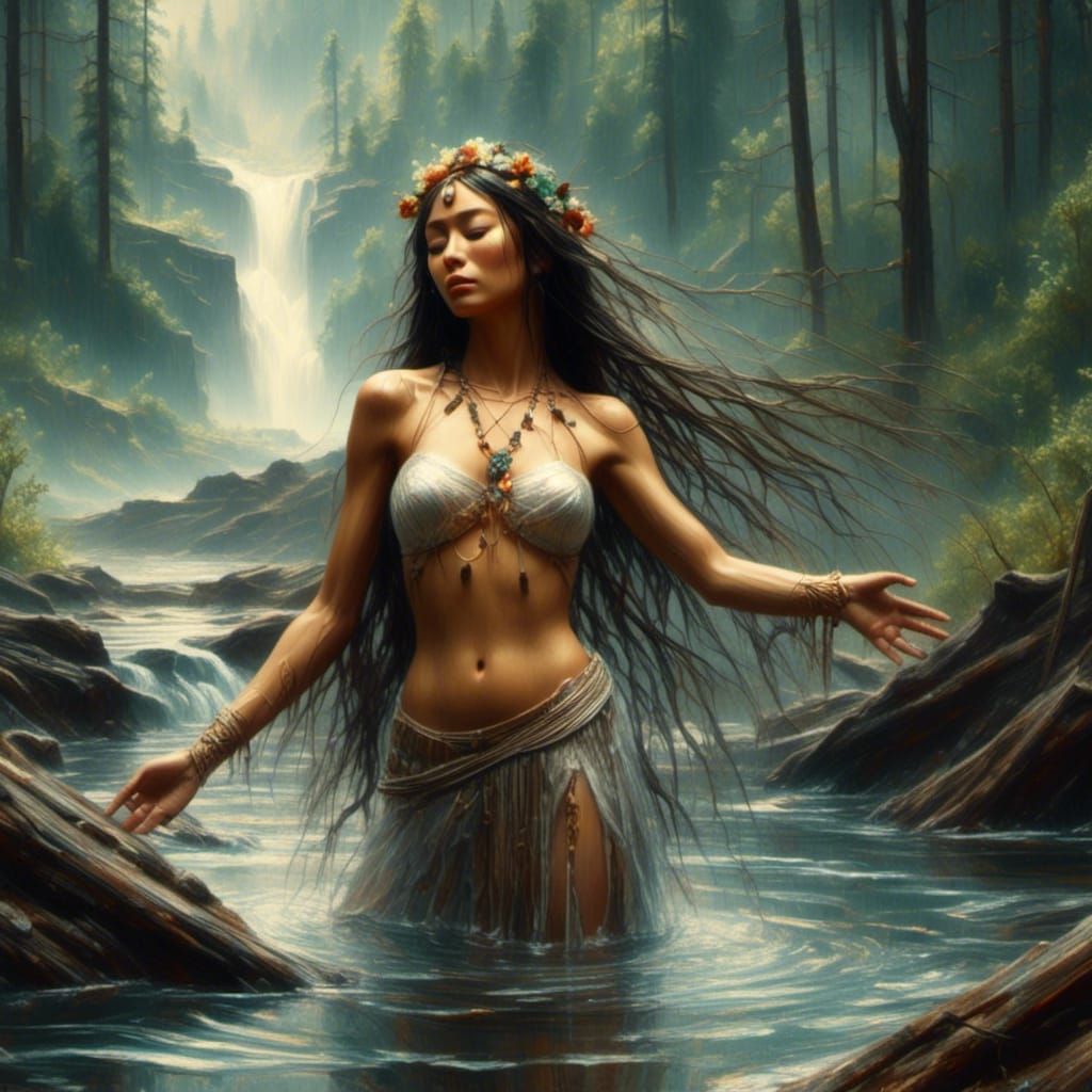 Serene Cherokee Woman by Misty Forest Stream