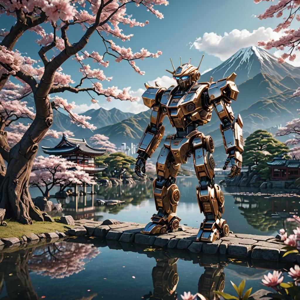Futuristic Robot Tree with Japanese Temple, Sci-Fi Art