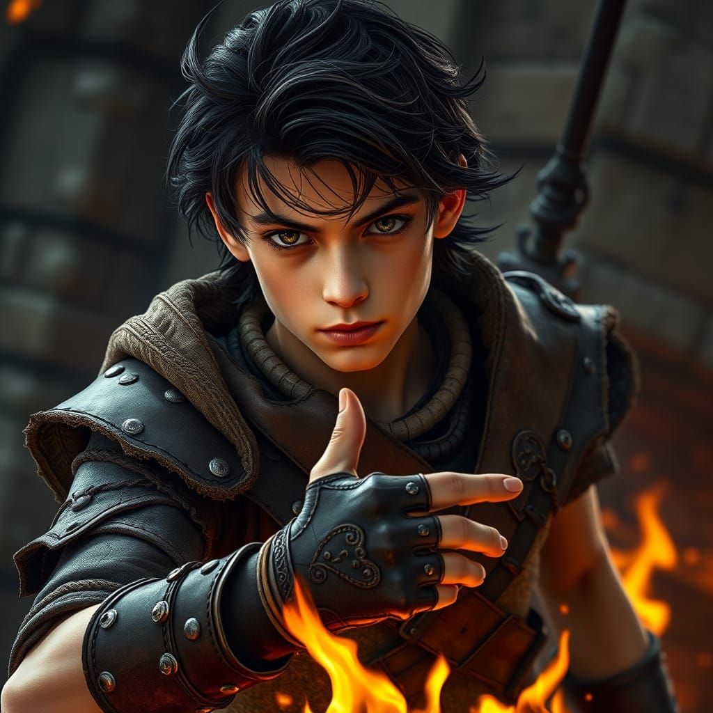 Fantasy Teen Hero in Earth-Toned Leather Armor Unleashes Fir...