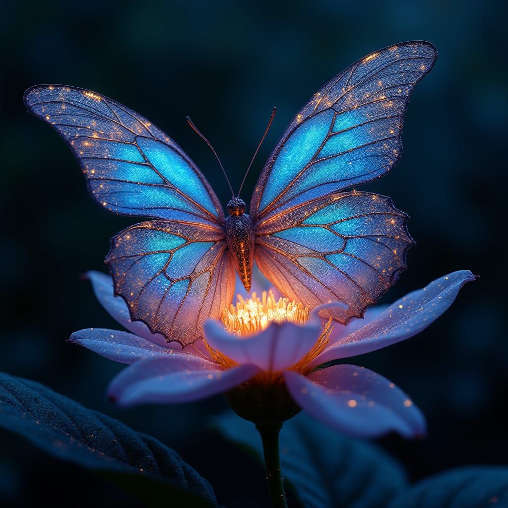 Bioluminescent Butterfly in Cosmic Garden, Art Nouveau Style
