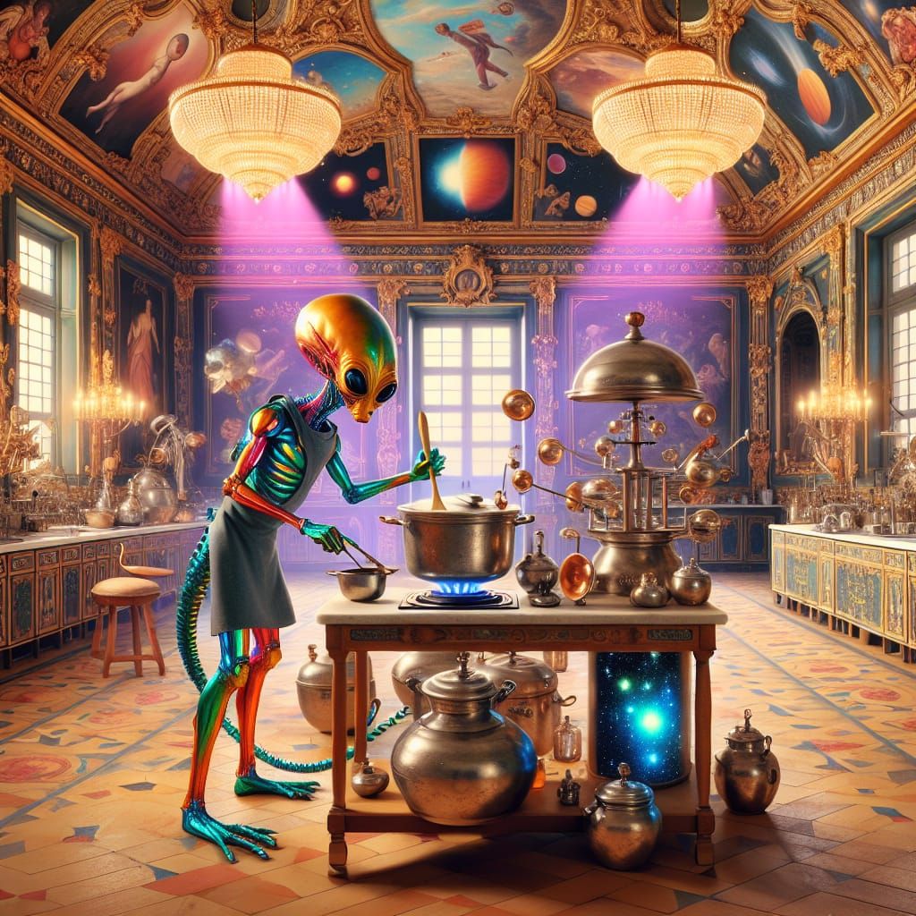 Alien Chef in Baroque Kitchen with Art Deco