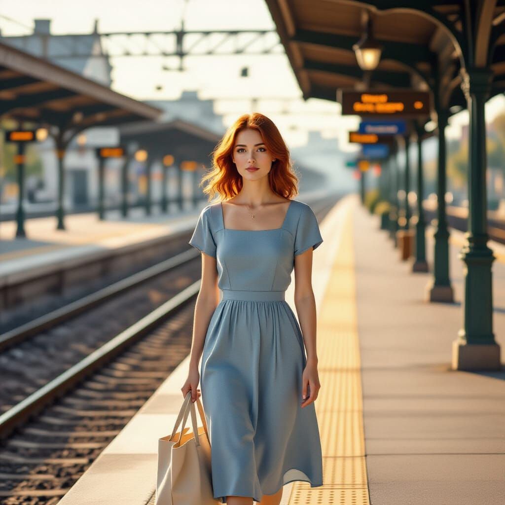 Woman Walks to Train Platform in Soft Painterly Style