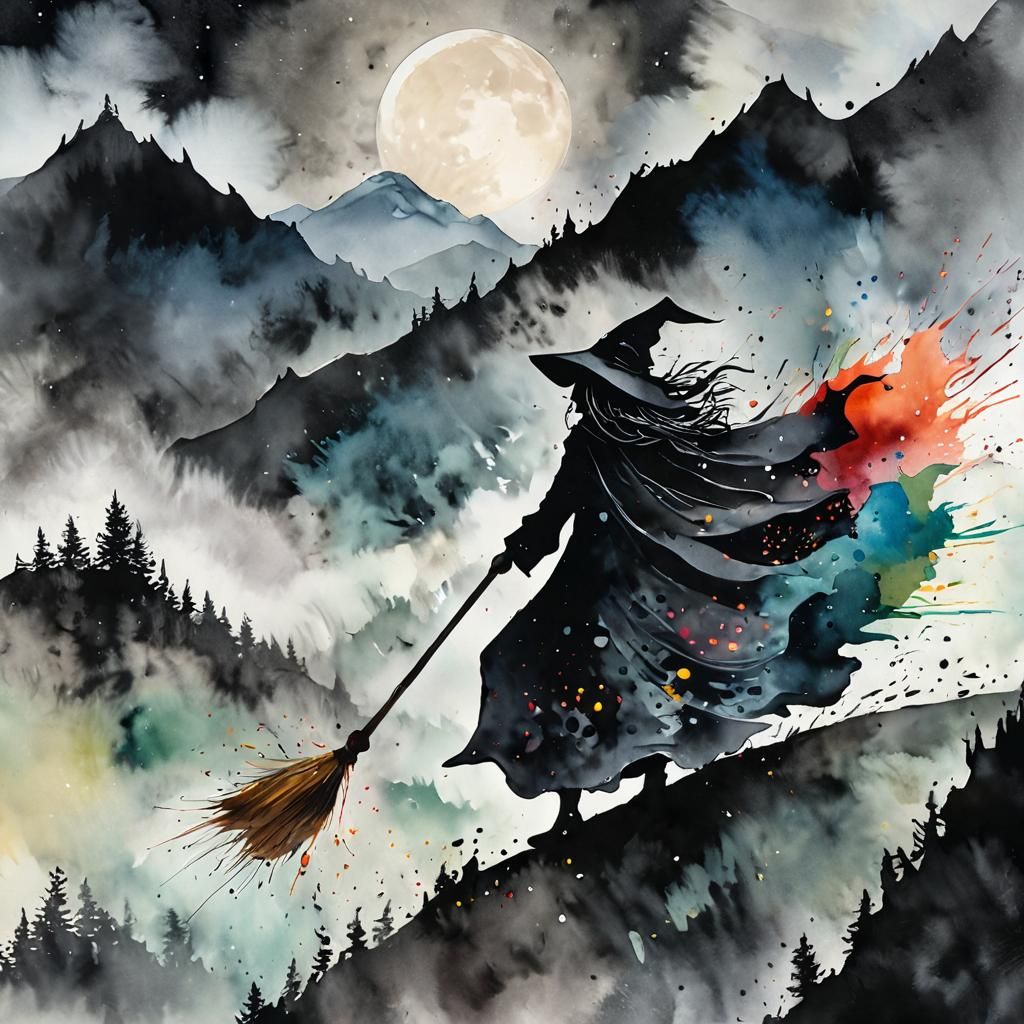 Witch Rides Broom in Expressionist Ink Splatter Art