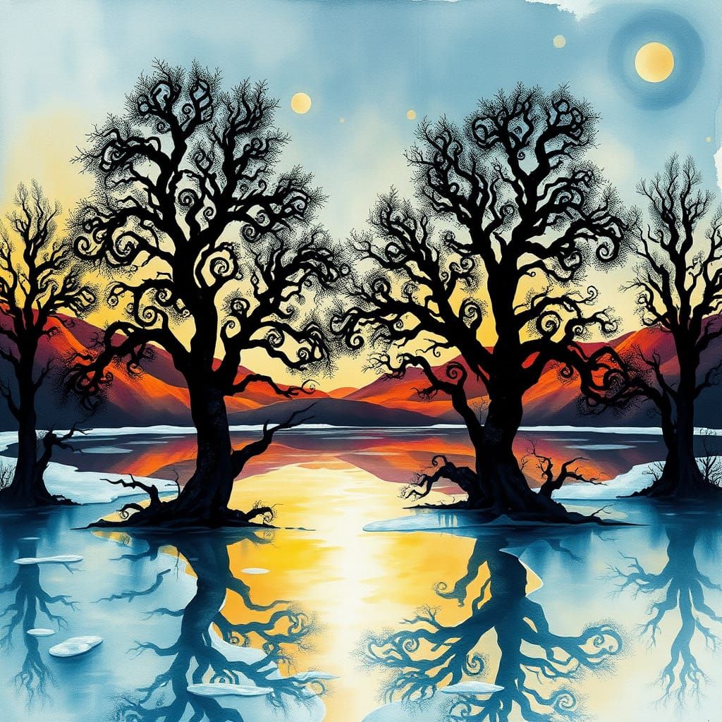 Fractal Trees Rise from Frozen Autumn Lake