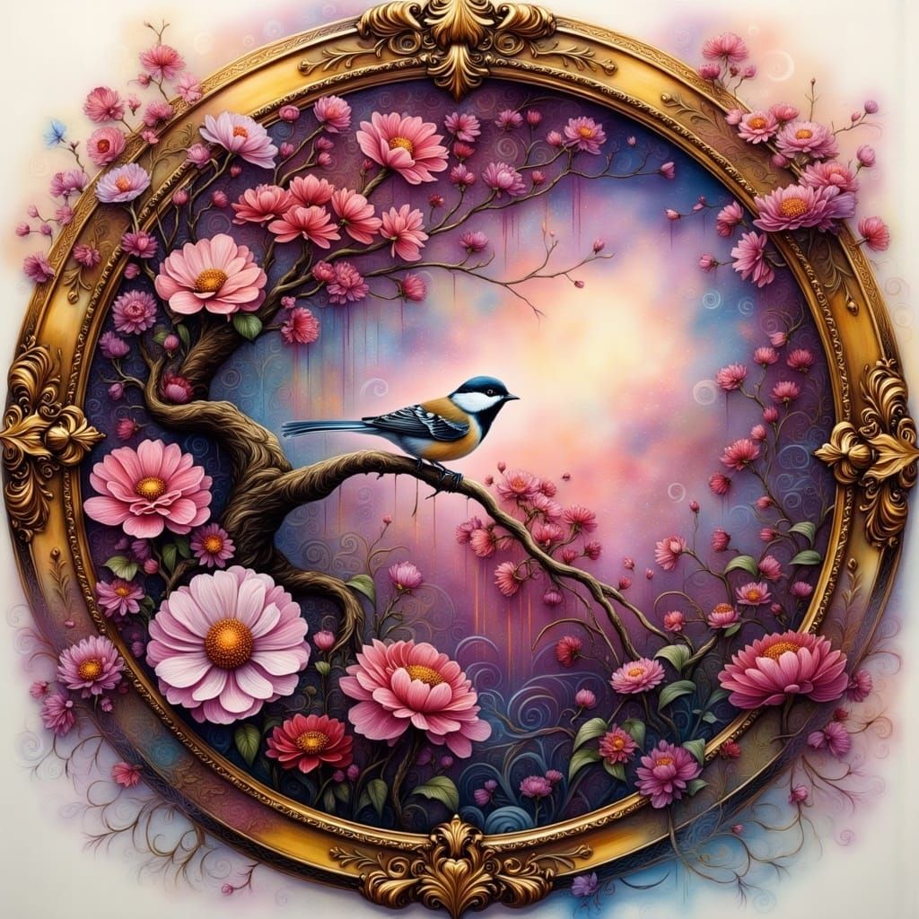 Circular, fuchsia-chrysanthemum flowers