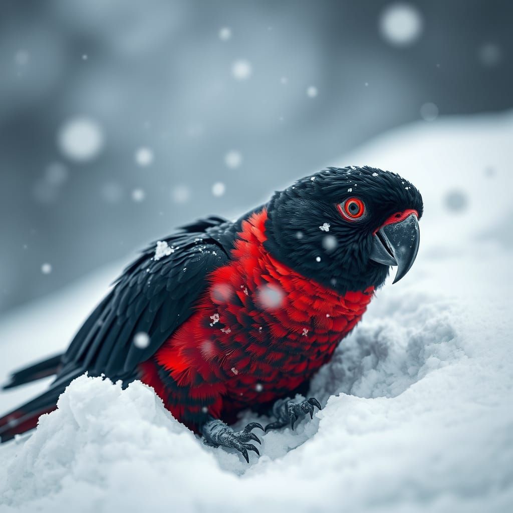 Hyperrealistic Parrot Buried in Snow