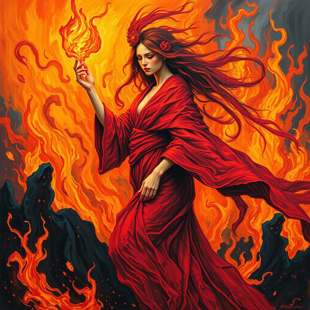 Surreal Fire Goddess in Vibrant Impasto Style