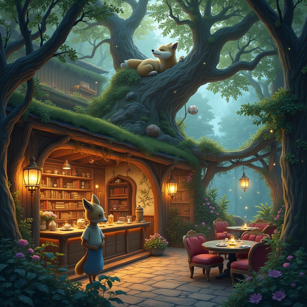 Enchanted Whimsy: A Mystical Fox Cafe in Vibrant Forest