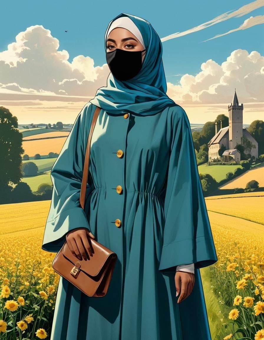 Vintage Comic: Hijabi Woman in English Countryside