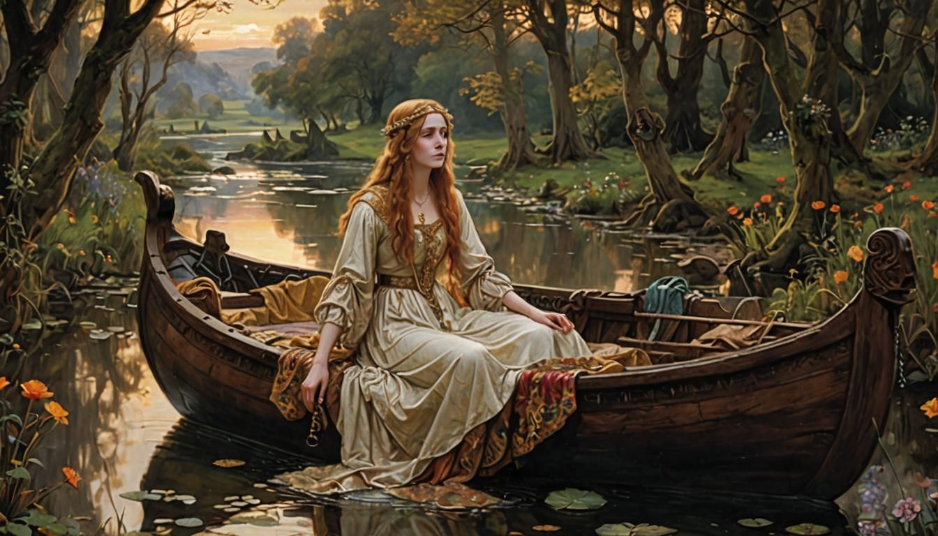 The Lady of Shalott's River Journey: Oil Painting