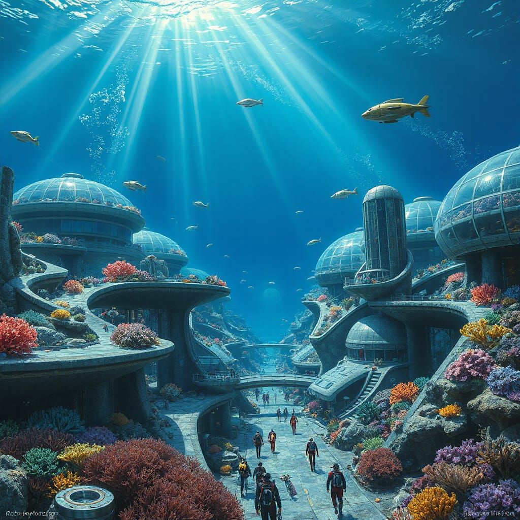 Vibrant Underwater Metropolis: A Futuristic Digital Oil Pain...
