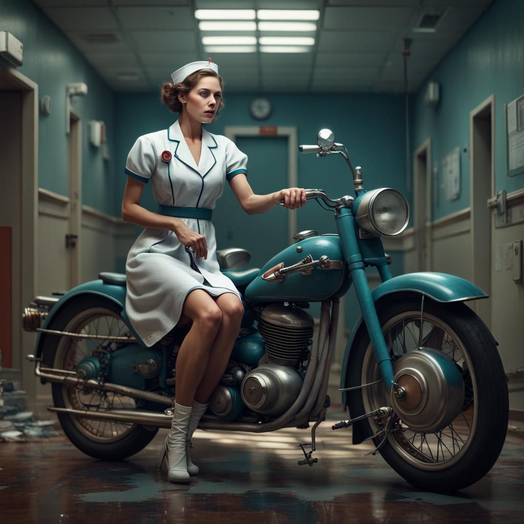 Nurse on Motorbike in Hospital, Detailed Matte Painting